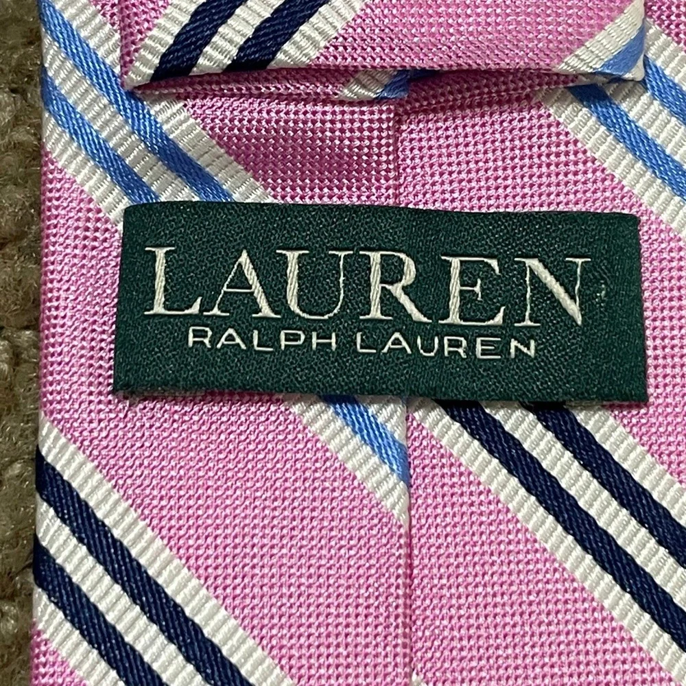Lauren Ralph Lauren Necktie Mens OS Pink Blue Striped Silk Skinny Classic Tie